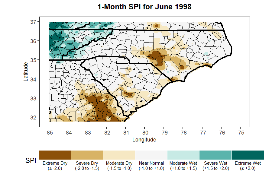Carolinas' 1-month SPI for June 1998
