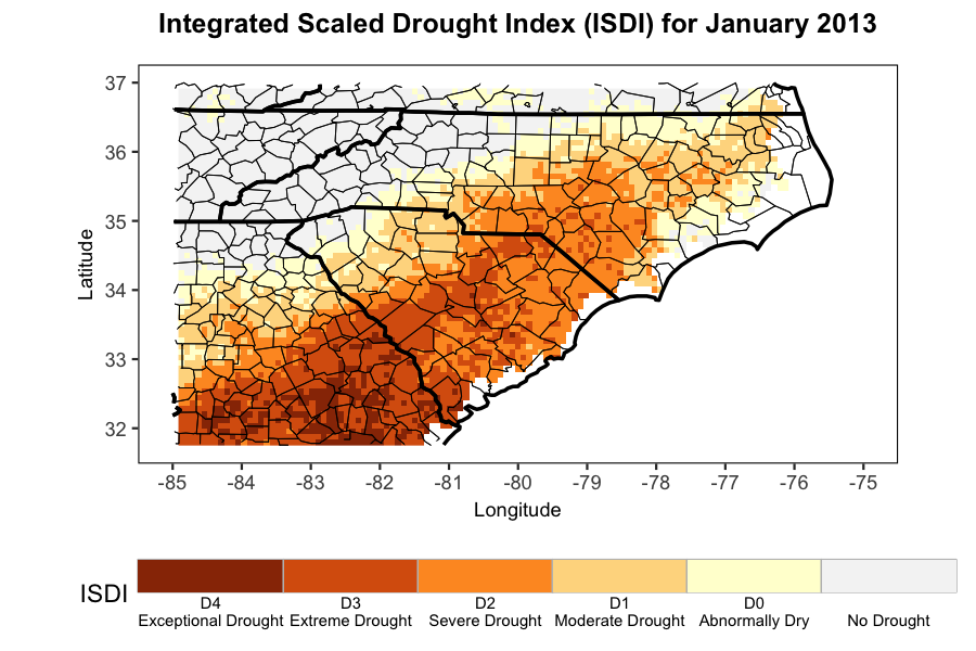 map showing the Carolinas' integrated drought scale index