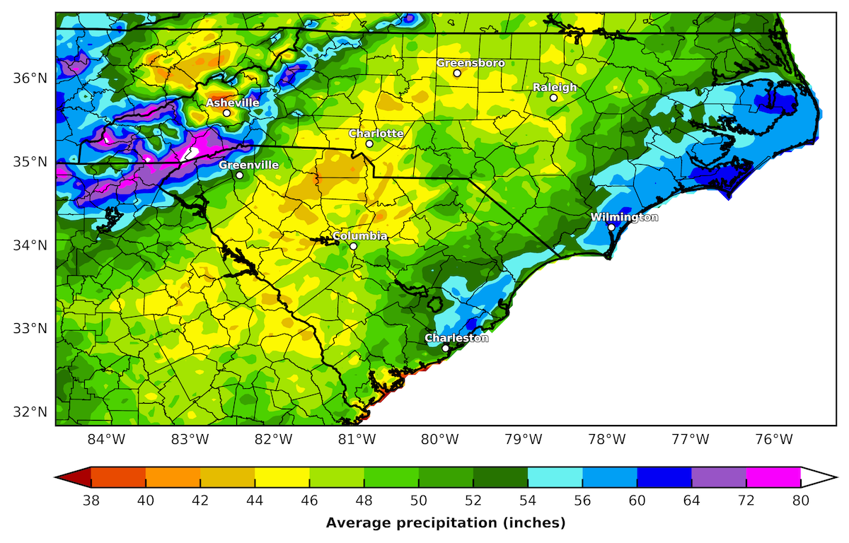 map showing the average annual precipitation in the Carolinas (using radar enhanced data)