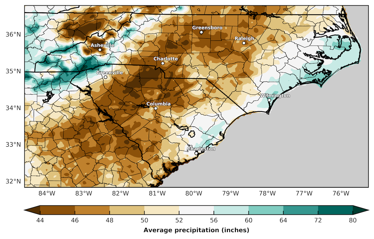 map showing the average precipitation in the Carolinas (using radar enhanced data)
