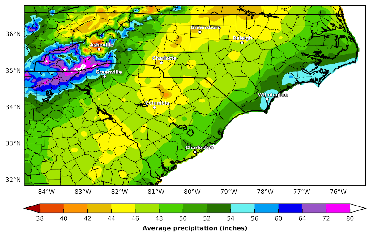 map showing the average precipitation in the Carolinas (using monthly PRISM data)