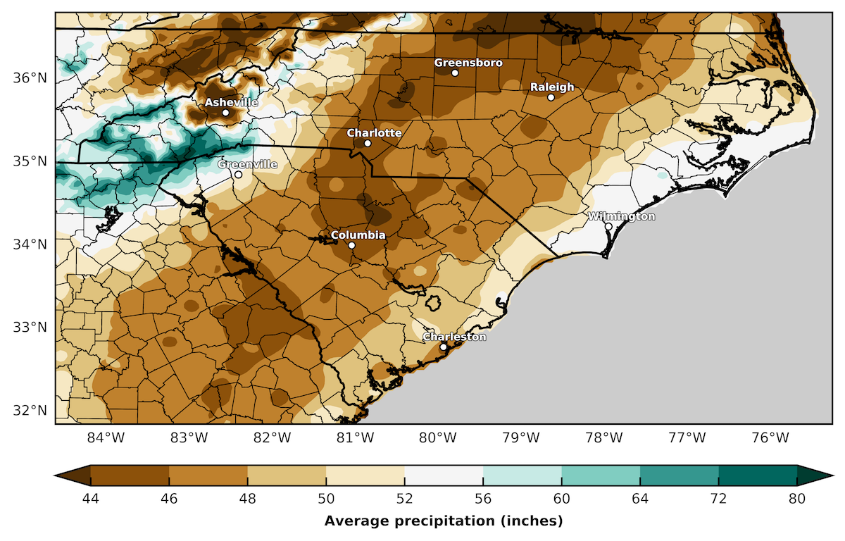 map showing the average precipitation in the Carolinas (using monthly PRISM data)