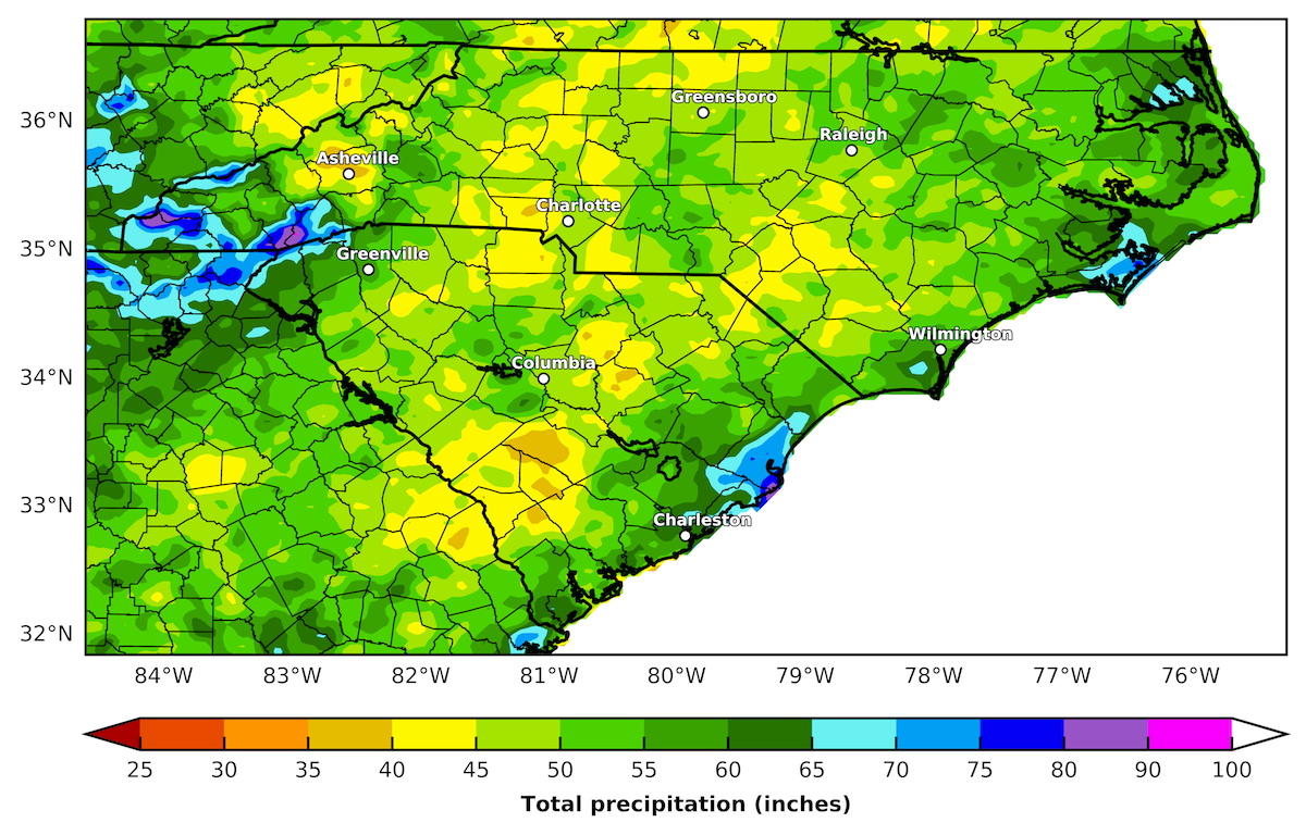 map showing the total annual precipitation in the Carolinas (using radar enhanced data)