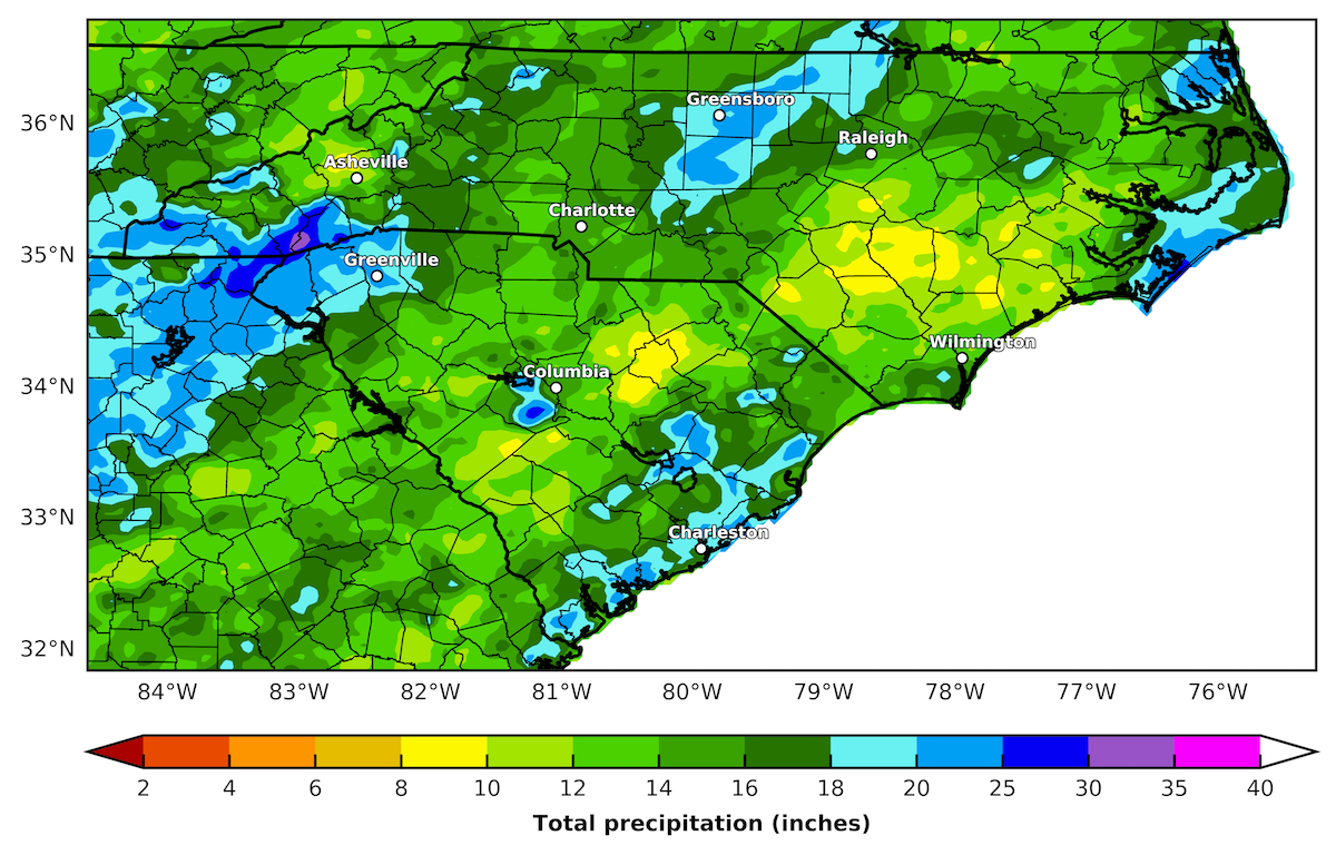 map showing autumn precipitation in the Carolinas (using radar enhanced data)