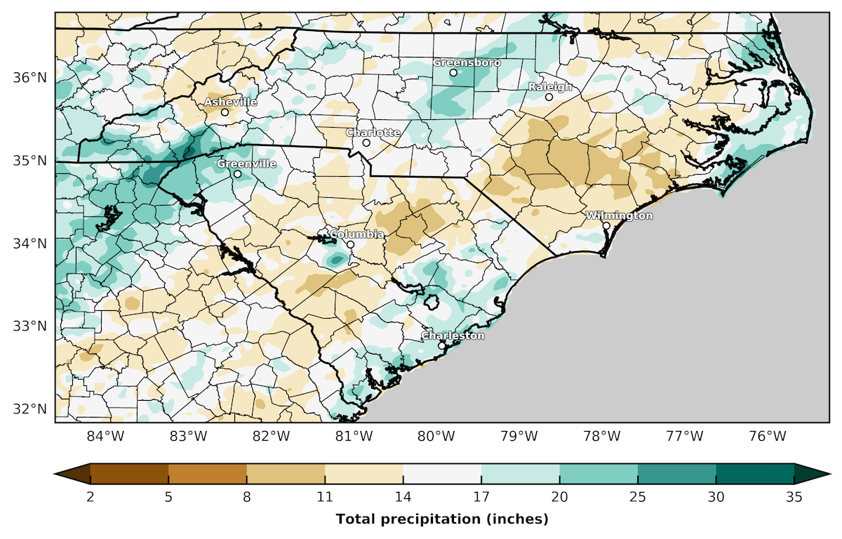 map showing autumn precipitation in the Carolinas (using radar enhanced data)
