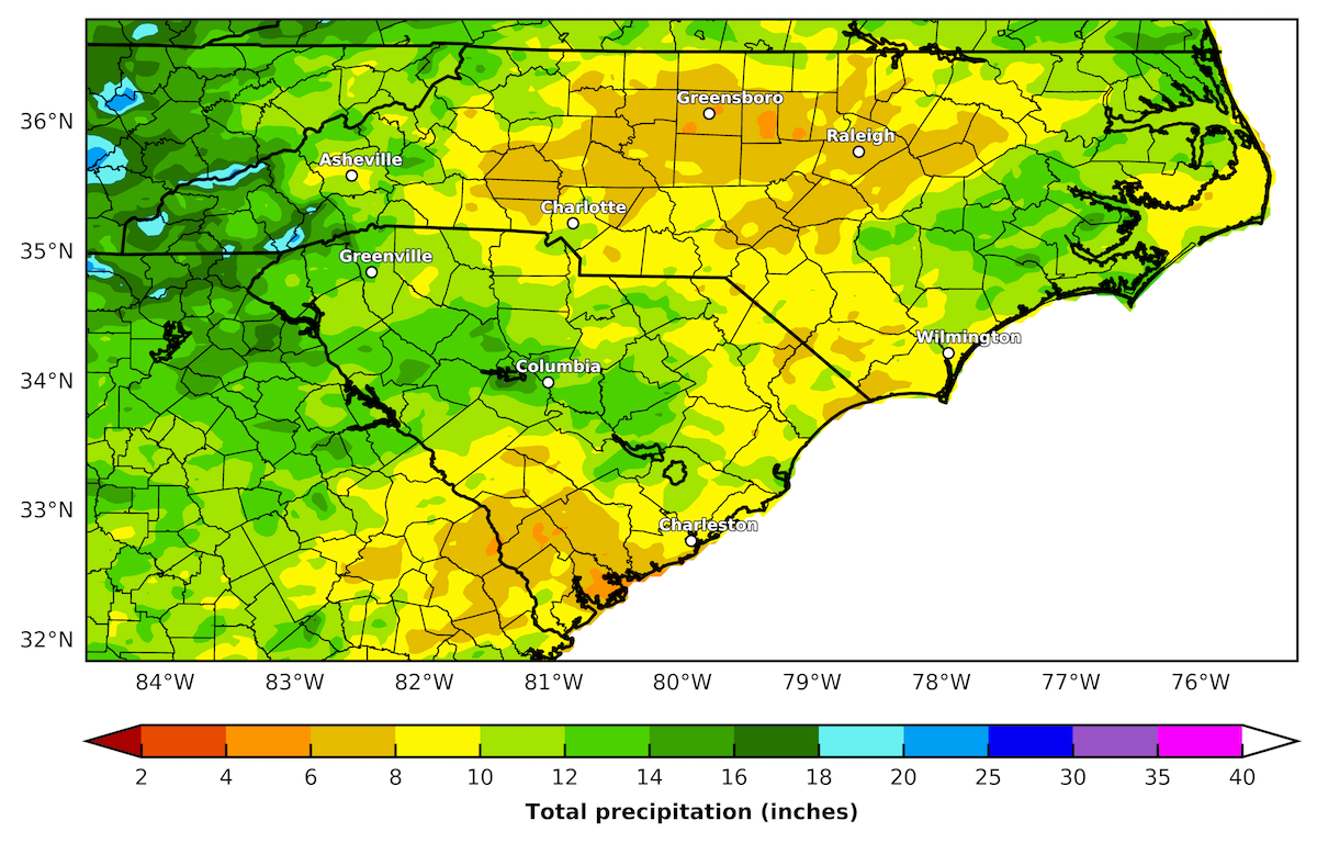 map showing spring precipitation in the Carolinas (using radar enhanced data)