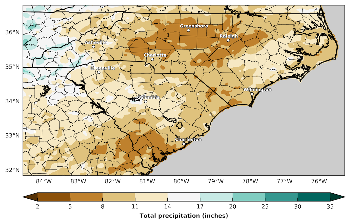 map showing spring precipitation in the Carolinas (using radar enhanced data)