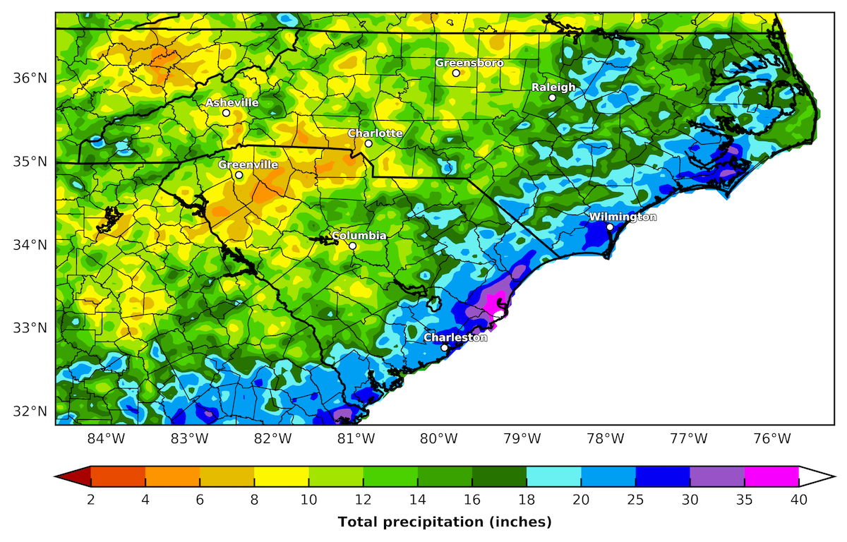 map showing summer precipitation in the Carolinas (using radar enhanced data)