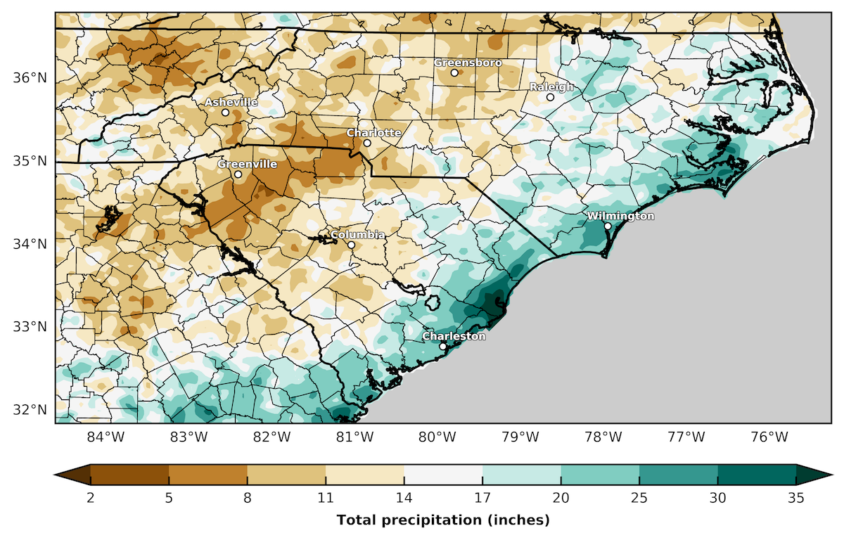 map showing summer precipitation in the Carolinas (using radar enhanced data)