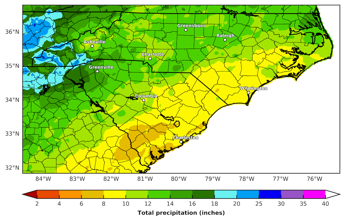 map showing winter precipitation in the Carolinas (using radar enhanced data)