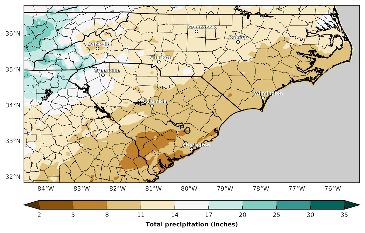map showing winter precipitation in the Carolinas (using radar enhanced data)