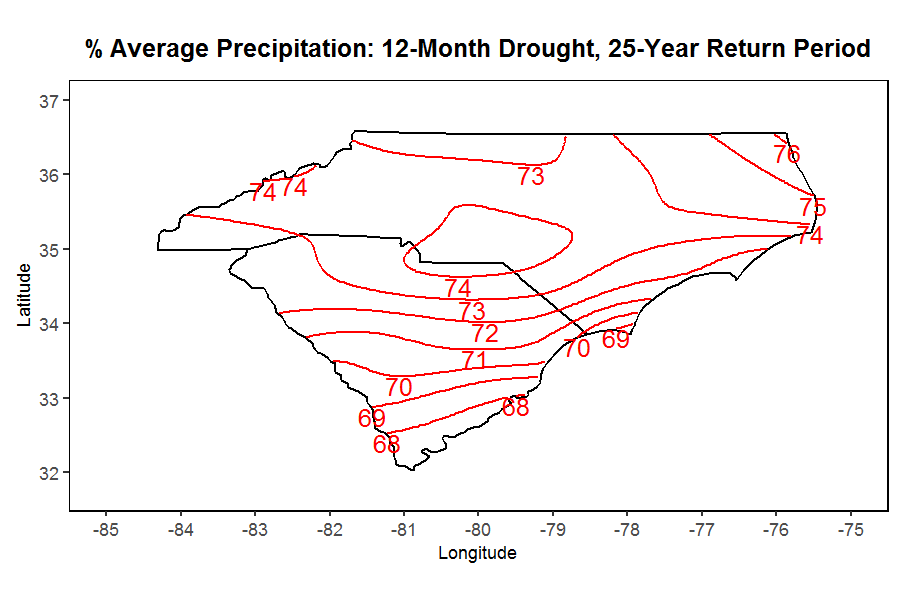 contour map showing the 12-month drought return period in the Carolinas