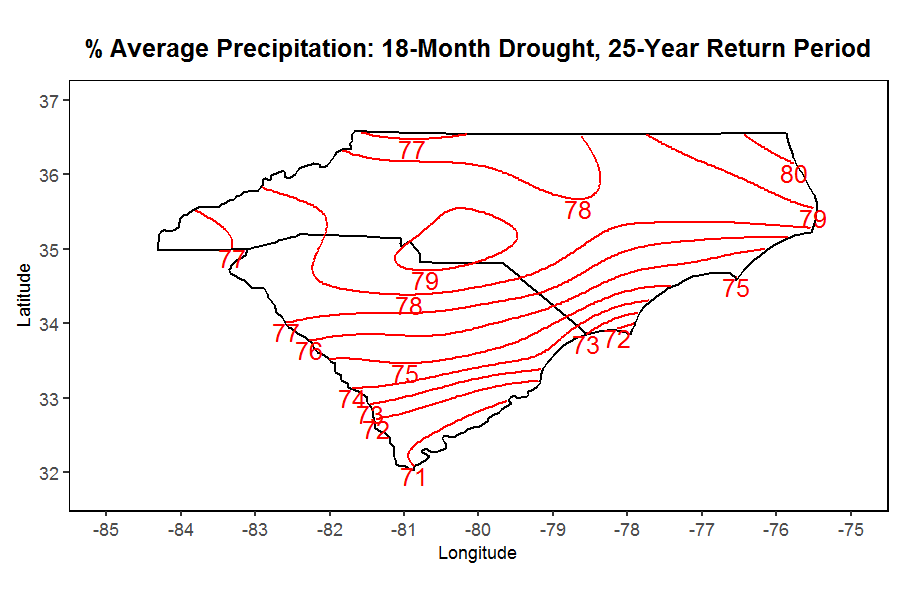 contour map showing the 18-month drought return period in the Carolinas