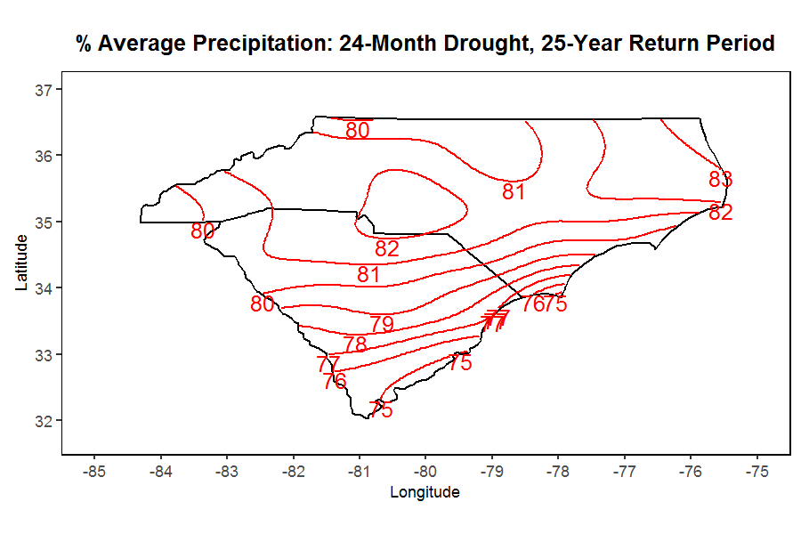 contour map showing the 24-month drought return period in the Carolinas