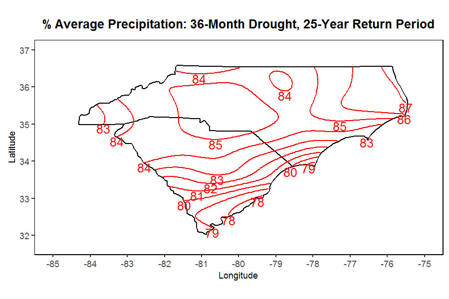 contour map showing the 36-month drought return period in the Carolinas