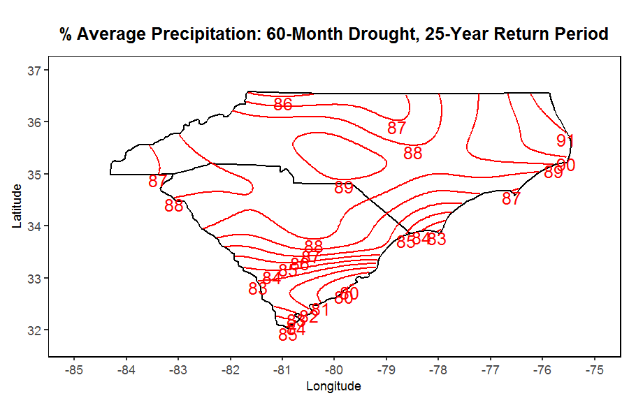 contour map showing the 60-month drought return period in the Carolinas