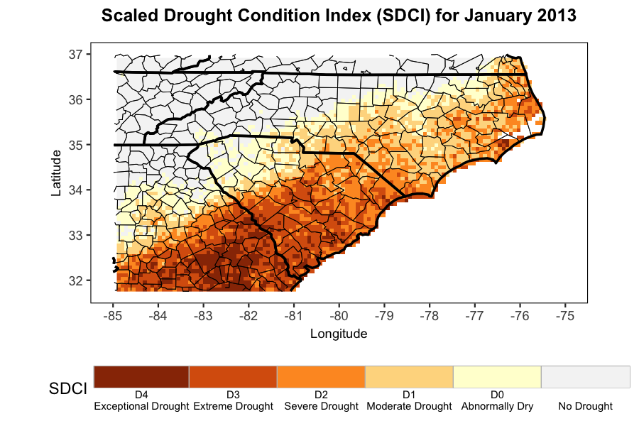map showing the Carolinas' scaled drought condition index
