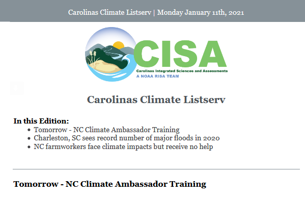 sample of the Carolinas Climate Listserv email